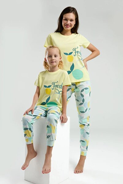 ROLY POLY 3617-G Limon Desenli Yarım Kollu Paçası Lastikli Pijama Takım 'Anne Kız Kombin Yapılabili
