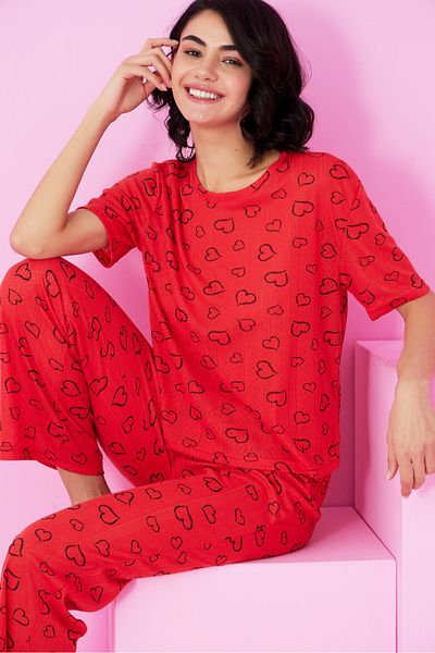 Siyah İnci Red Black Heart Pattern Pointel Openwork/Hole Crew Neck Knitted Pajama Suit