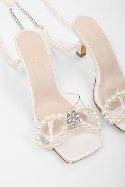 Shoeberry Women's Belle Pearl Satin Pearl Bow Detailed Heeled Shoes