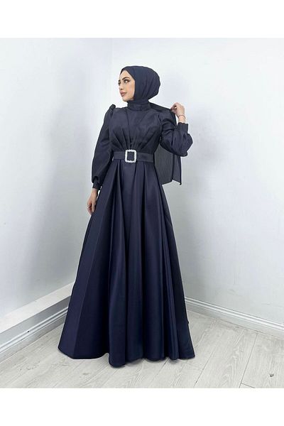 MERVEPLUME Taffeta Fabric Belted Stone Hijab Graduation Wedding Evening Dress