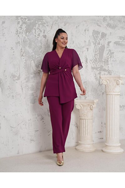 Butik Nilyam Women's Plus Size Double Breasted Lapel Chiffon Sleeve Button Detail Evening Dress Suit 24723