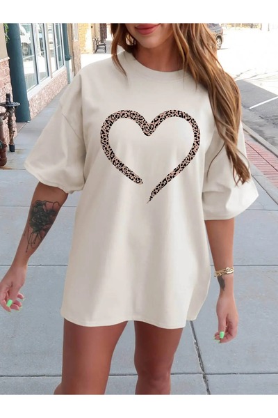 LAND MODA Casual Leopard Heart printed μπλουζάκι με πτώση ώμου για γυναίκες, ...