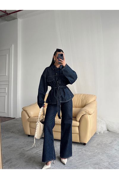POP STORY Dark Navy Blue Tie Denim Suit Oversize Jacket and Trousers