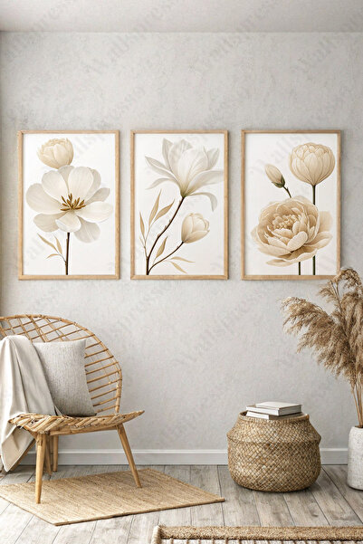 Wallspresso Bohem Çiçek Temalı 3'lü Ahşap Çerçeveli Tablo Seti - Duvar Tablosu - Üçlü Tablo - Yatak Odası Tablo