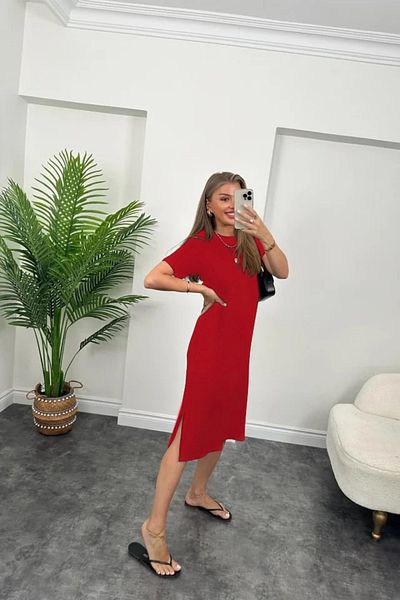 Moka Shopin Mokashopin Women Short Sleeve Slit Detail Loose Viscose Dress