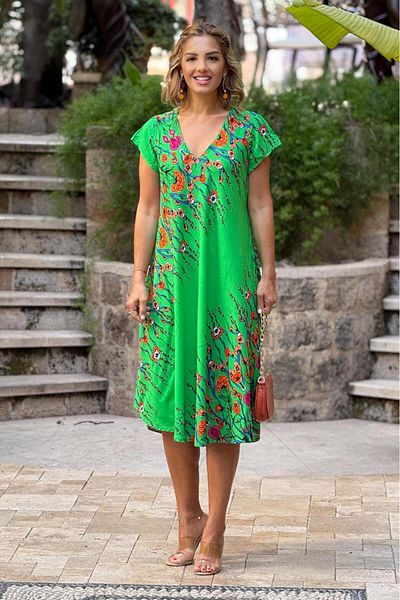 Nevin Kaya Moda Φόρεμα Afitap με σχέδιο τριαντάφυλλο Emerald Green Fountain