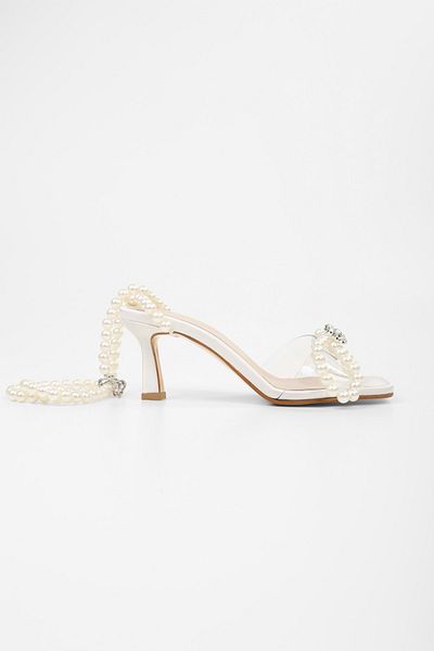 Shoeberry Women's Belle Pearl Satin Pearl Bow Detailed Heeled Shoes