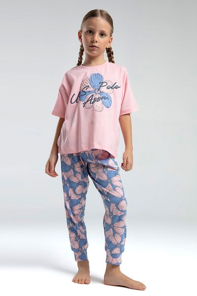 U.S. Polo Assn. Girl's Salmon Flower Patterned Pajamas Set P.O.R.O.Z.2.0.7.E.L.7,T.