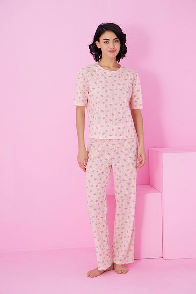 Siyah İnci Salmon Flower Pattern Pointel Openwork/Hole Crew Neck Knitted Pajama Set