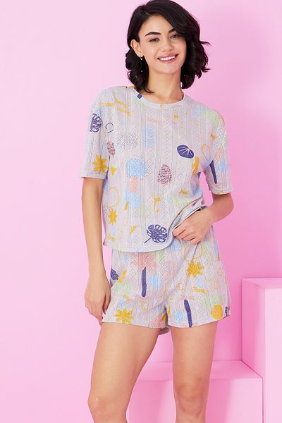 Siyah İnci Gray Colored Patterned Pointel Openwork/Hole Crew Neck Knitted Shorts Suit