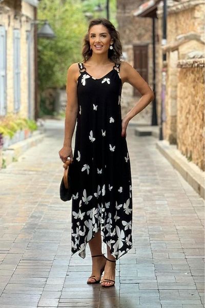 Nevin Kaya Moda Rochie neagră din bumbac cu curea cu cataramă cu modele de fluturi