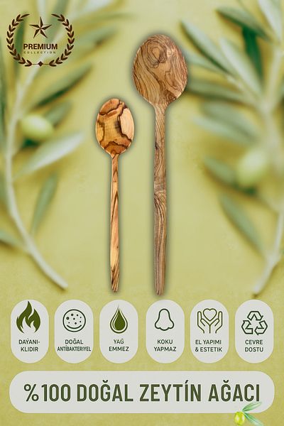Ülgenev Set of 2 Olive Tree Spoons 32 and 23 cm Handmade, Natural, Non-Scratching, Serving and Rice Spoon