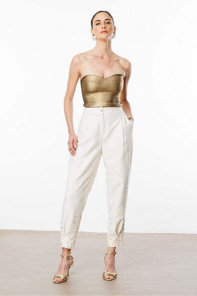 Moda İlgi Modailgi Back Belt Elastic Leg Trousers with Pearl Accessories -40005
