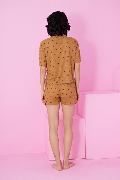 Siyah İnci Coffee Butterfly Pattern Pointel Openwork/Hole Crew Neck Knitted Shorts Set