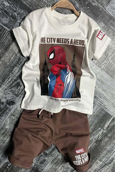 Riccotarz Αγόρι Spiderman με χαρακτήρες και κείμενο με στάμπα μπλουζάκι με λεπτομέρεια σε κορδόνι καφέ σορτς