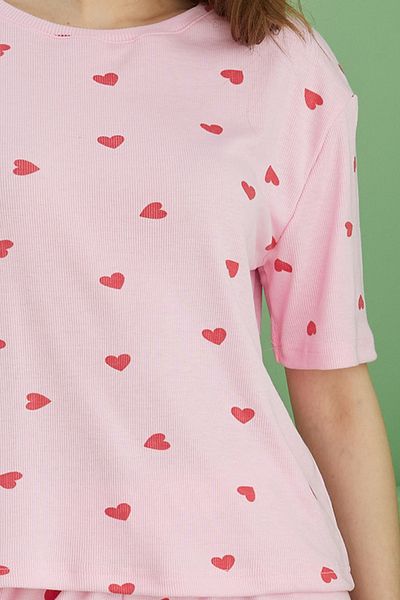 Siyah İnci Pink Heart Printed Ribbed Camisole Knitted Pajama Set