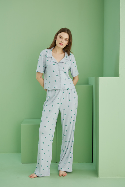 Siyah İnci Set de pijamale cu guler de cămașă cu nasturi, cu imprimeu cu inimă albastră