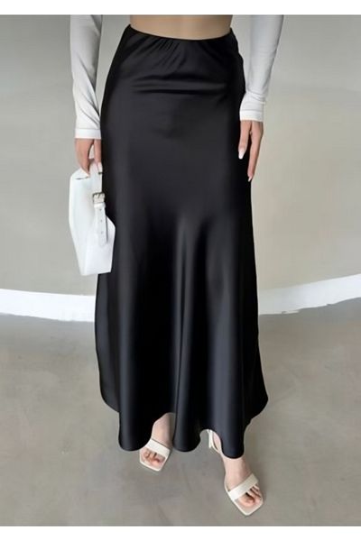 Ezva Women's Stylish Satin Belt Elastic 85 cm Flared Maxi Length Skirt