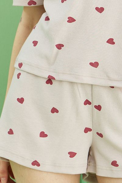 Siyah İnci Beige Heart Printed Ribbed Camisole Knitted Shorts Set