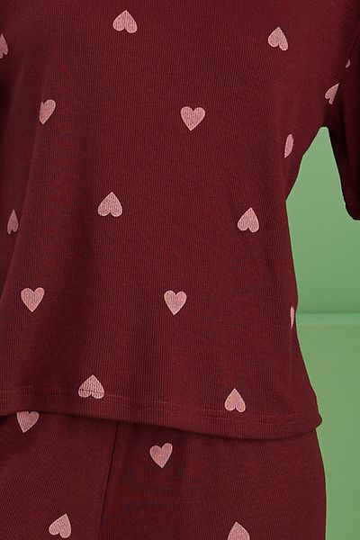 Siyah İnci Burgundy Heart Printed Ribbed Camisole Knitted Pajama Set