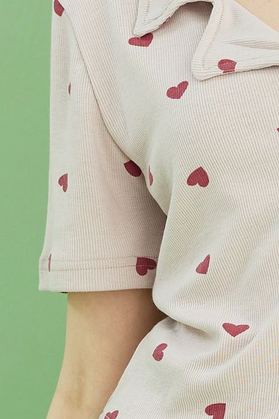 Siyah İnci Beige Color Heart Printed Ribbed Camisole Knitted Buttoned Shirt Collar Shorts Set