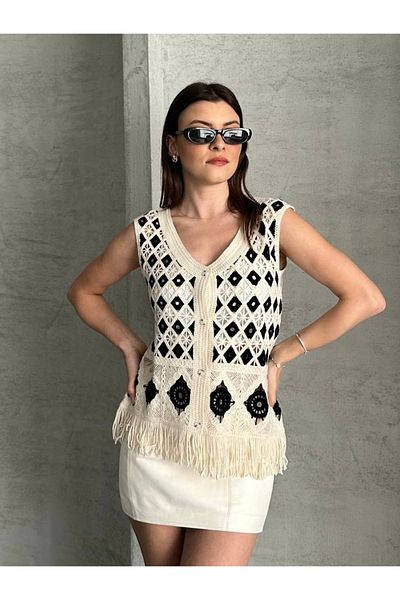 HandCo Knitted Vest Openwork Tasseled Black Detailed Thin Summer Vest