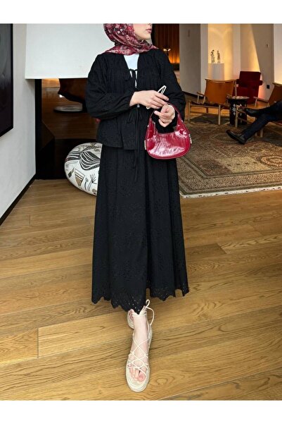 Modamorfo Kimono Set with Elastic Sleeves and Tie Lined Front - Black