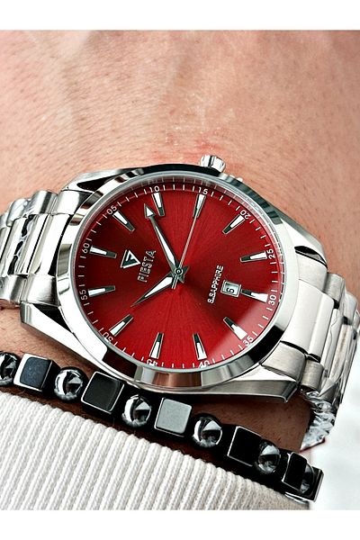 Fiesta Silver Silver Color Steel Case Cord Men Wrist Watch + Bracelet