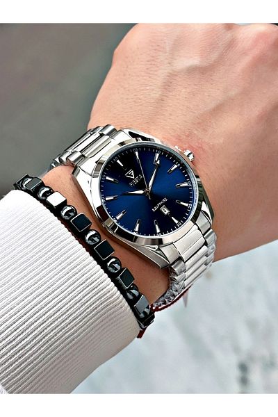 Fiesta Silver Silver Color Steel Case Cord Men Wrist Watch + Bracelet