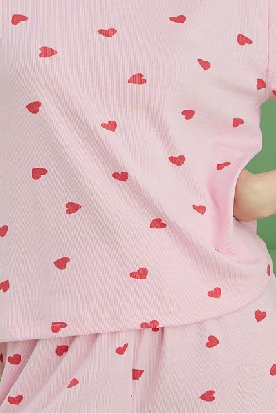 Siyah İnci Pink Heart Printed Ribbed Camisole Knitted Shorts Set