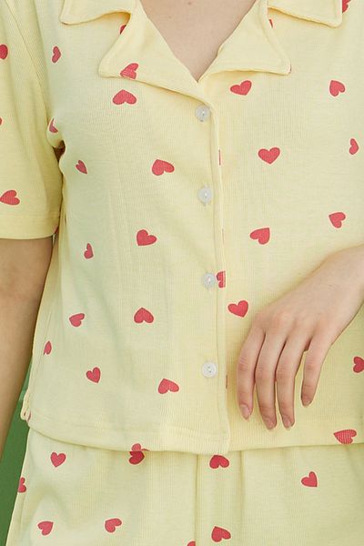 Siyah İnci Yellow Heart Printed Ribbed Camisole Knitted Buttoned Shirt Collar Shorts Set