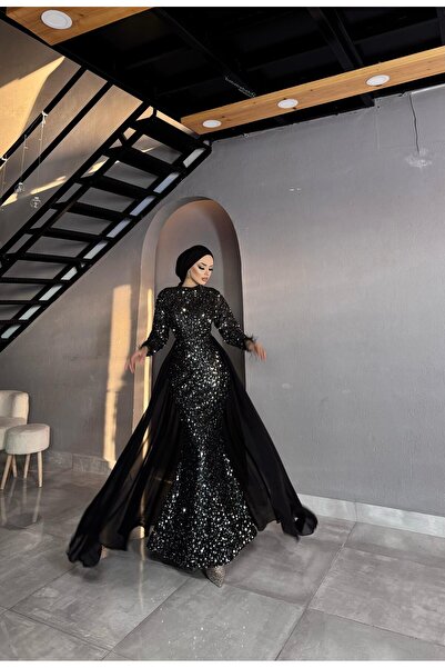 MERVEPLUME Plume Siyah Payet Pelerin Taşlı Kadın Tesettür Abiye