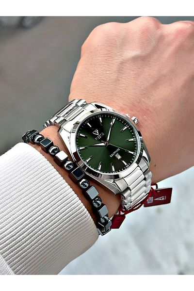 Fiesta Silver Silver Color Steel Case Cord Men Wrist Watch + Bracelet