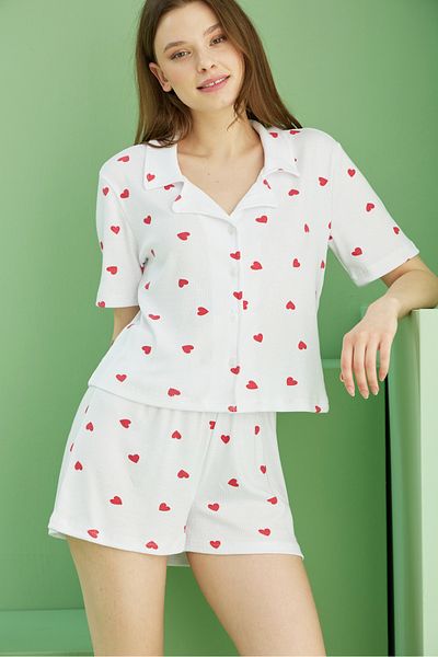 Siyah İnci White Heart Printed Ribbed Camisole Knitted Buttoned Shirt Collar Shorts Set