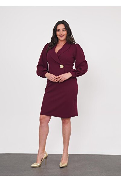 Butik Nilyam Women's Plus Size Double Breasted Neckline Button Detail Jacket Front Piece Balloon Sleeve Midi Evening Dress