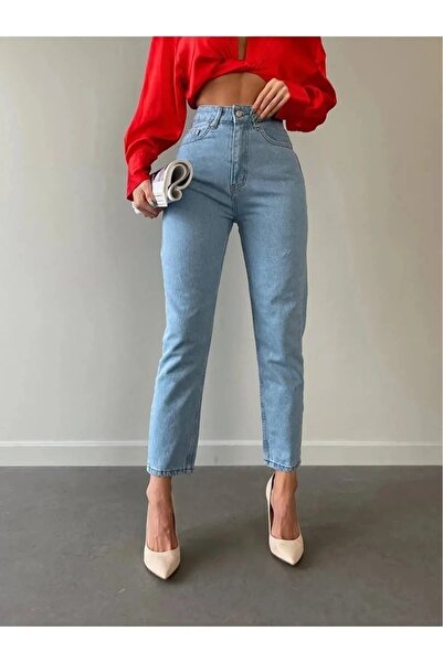 TugsatTasarTekstil Жіночі джинси з високою талією, світло-сині, модель «бойфренд», преміум-якість