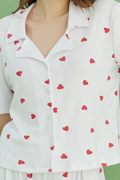 Siyah İnci White Heart Printed Ribbed Camisole Knitted Buttoned Shirt Collar Pajama Set