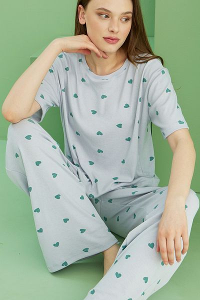 Siyah İnci Set de pijamale tricotate cu camisole cu imprimeu inimă albastră