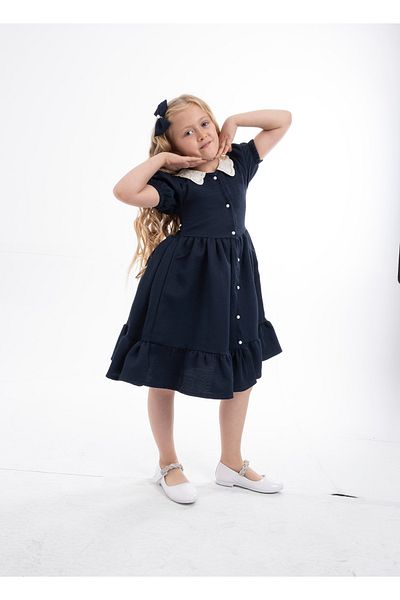 opheliateks Wednesday Ready Collar Vintage Children's Dress-Short Sleeve-Navy Blue
