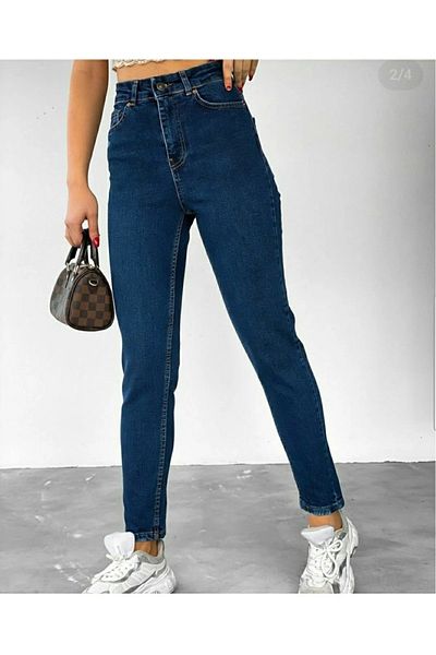 TugsatTasarTekstil Blugi Mom de damă cu talie înaltă, albastru închis, blugi premium Boyfriend