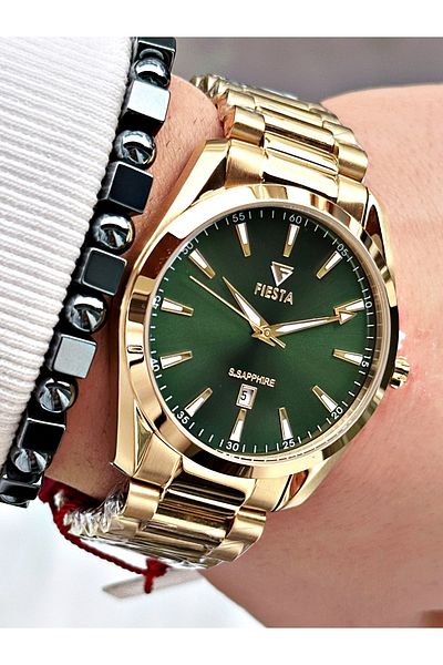 Fiesta Gold Silver Color Steel Case Cord Men Wrist Watch + Bracelet
