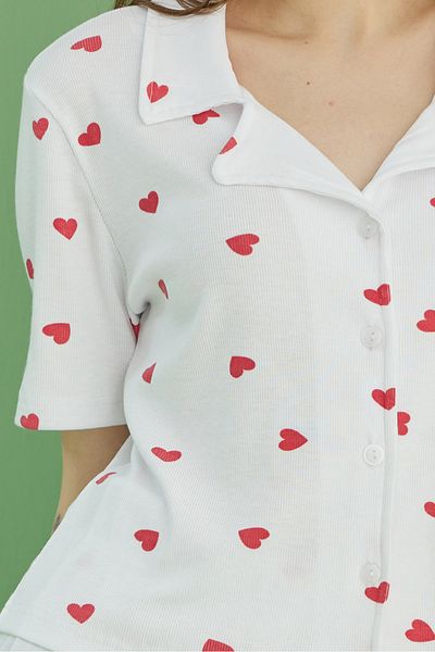 Siyah İnci White Heart Printed Ribbed Camisole Knitted Buttoned Shirt Collar Shorts Set