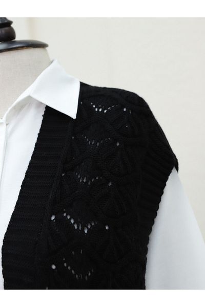 Modamorfo Openwork Long Knitwear Vest -Black