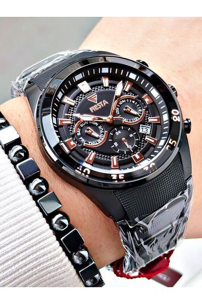Fiesta Black Color Silicone Metal Steel Case Cord Men Wrist Watch + Bracelet