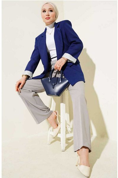 MODA VEDAT Women's Line Cuffed Linen Blazer Jacket