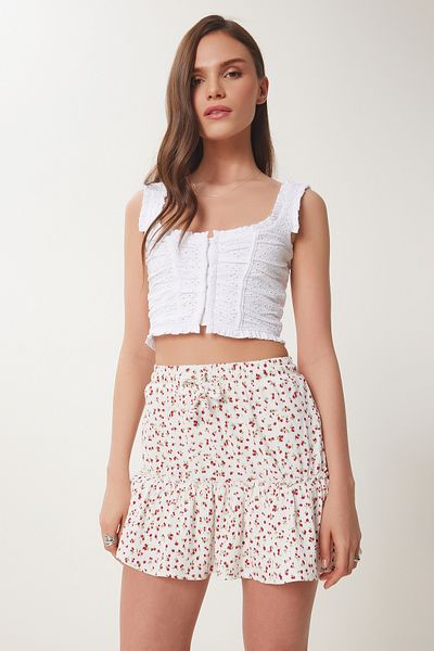 Lovelyİstanbul Fusta mini scurtă - Tricotată Crinkle cu model alb/roșu