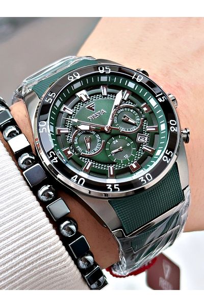 Fiesta Green Color Silicone Metal Steel Case Cord Men Wrist Watch + Bracelet