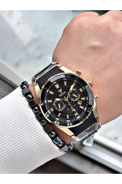 Fiesta Black Color Silicone Metal Steel Case Cord Men Wrist Watch + Bracelet