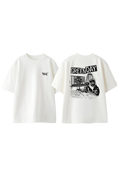 THEWERT Tricou supradimensionat alb din bumbac cu imprimeu pe spate Green Day...