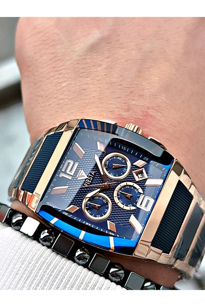 Fiesta Navy Blue Color Square Mirrored Model Steel Business Men's Wristwatch + Bracelet